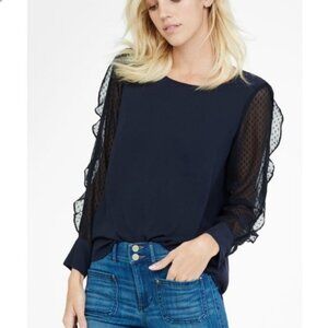 Express Navy Sheer Ruffled Polka Dot Sleeve Blouse, Size Medium